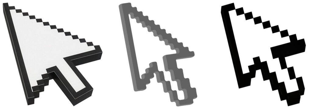 Three pixelated computer mouse cursors in different styles: white with black outline, grey 3D, and black isolated on transparent background