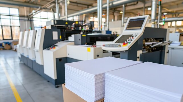 Industrial printing press stands ready with stacks of paper in a manufacturing facility.