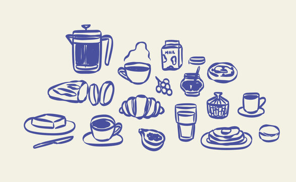 Hand draw la dolce vita breakfast doodles. Vector illustration of food and coffee icons in chalk, crayon drawing style. Minimalist line art. Illustration for invitations, menus design, social media.