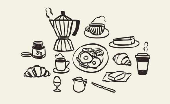 Hand draw la dolce vita breakfast doodles. Vector illustration of food and coffee icons in chalk, crayon drawing style. Minimalist line art. Illustration for invitations, menus design, social media.