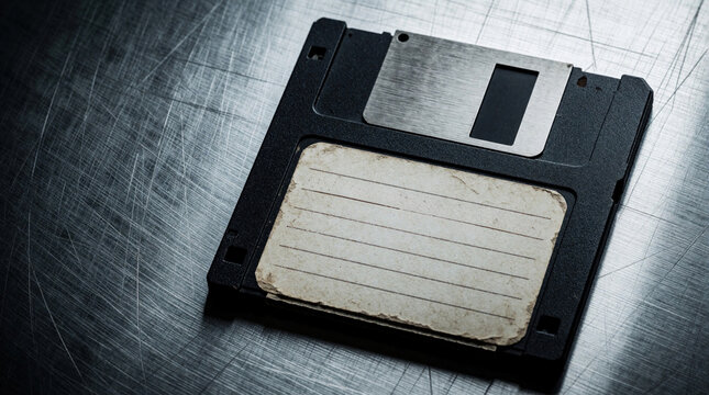 Old black floppy disk with blank paper label on scratched metallic steel surface. Single vintage disk represents obsolete computer storage, retro data technology. Obsolete hardware lies alone as