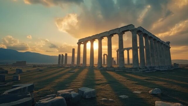 Ancient Temple Ruin at Sunset with Dramatic Clouds Over Historic Mountain Landscape
