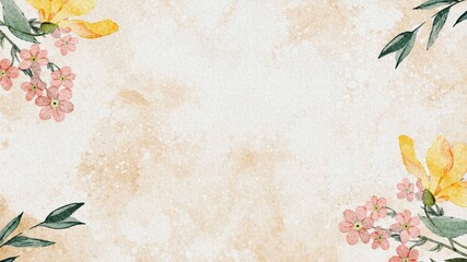 Vintage watercolor floral background, hand painted pink flowers and yellow blossoms corner border on beige paper textured background, soft botanical frame with copy space for greeting card   © Charan suvvada 