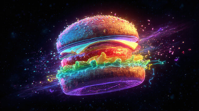 Burger in parallel universe, futuristic neon burger, glowing with cosmic energy