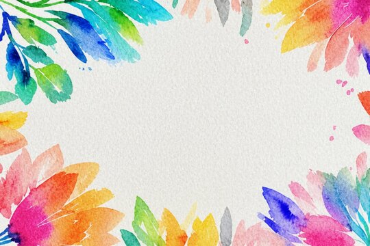 Abstract watercolor colorful floral frame background, hand painted bright flower petals border on paper textured background, vibrant rainbow botanical illustration with central copy space