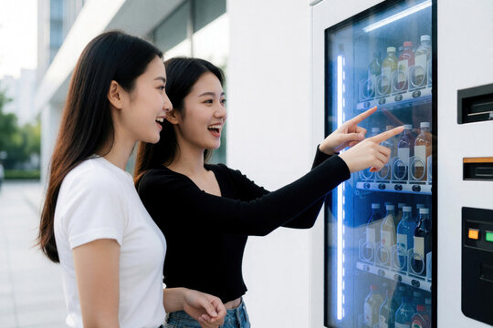 Two happy young Asian women selecting drinks from a modern vending machine. They point and smile interacting with the touch screen interface to make their purchase.