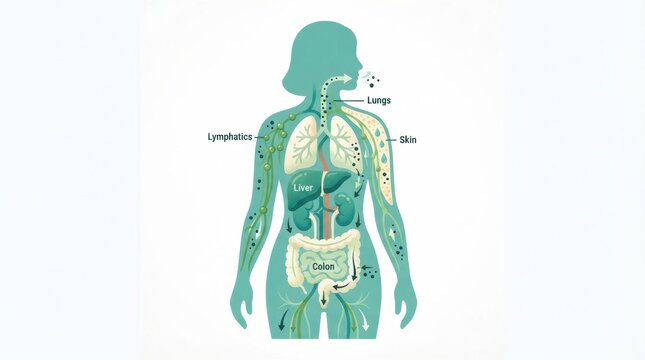 The diagram shows the human body and highlights organs like the liver and colon that are important for detox and wellness activities.