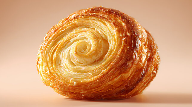 Circular pastry bun displaying a detailed spiral pattern formed by numerous thin layers of golden flaky baked dough.