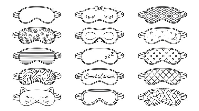 Minimalist Sleep Mask Line Art Icons Set Isolated on White Background