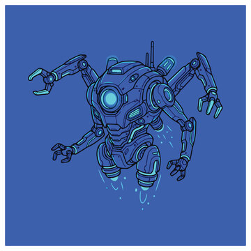 Futuristic robotic drone with mechanical arms hovering in the air