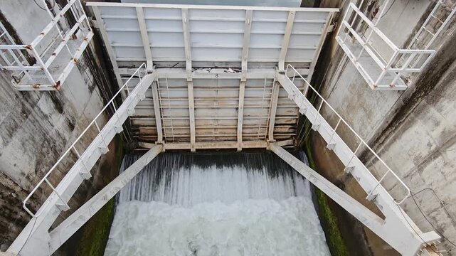 A large water release gate at a dam controlling the flow of water through a reservoir and downstream channel.