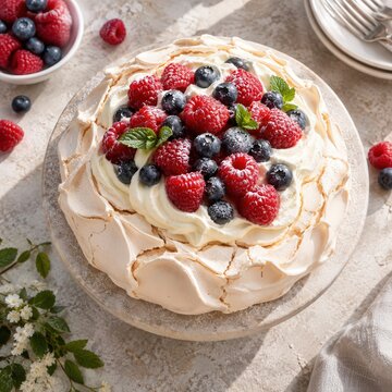 Berry pavlova topped with whipped cream