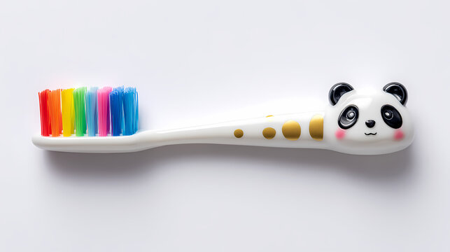 Toothbrush decorated with a panda face and multicolored bristles rests on a neutral surface.