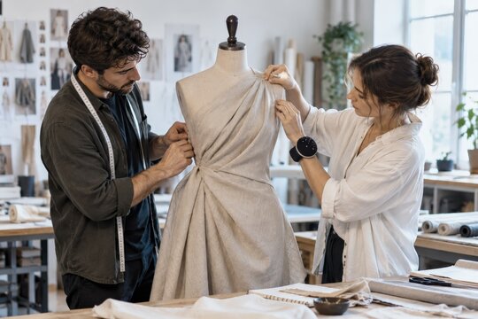 Fashion designers pinning a fabric drape