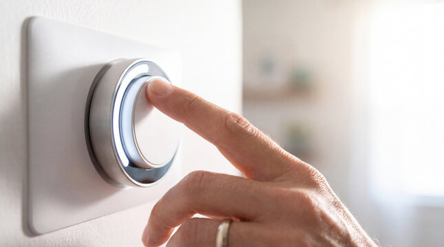 Finger pressing a circular smart wall button in close view, highlighting intuitive home controls, minimal technology, and convenient connected living.