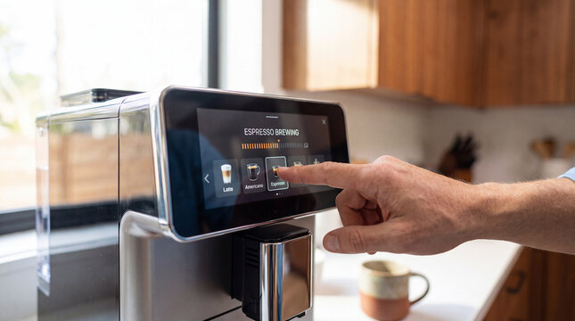 Hand selecting a drink on the touchscreen of a modern coffee machine, highlighting smart kitchen convenience and personalized beverages.