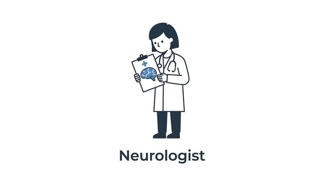Neurologist holding clipboard with brain diagram illustration in minimalist vector art style for clinics