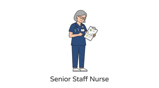 Senior staff nurse reviewing patient health metrics on clipboard vector graphic with professional details