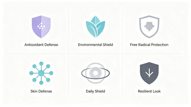 Colorful shield leaf skincare icon, representing the concept of antioxidant and resistance to external invasion, suitable for cross-border skincare detail pages and product selling point displays.
