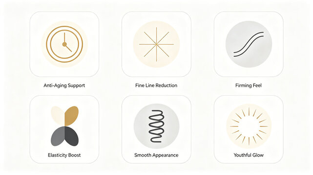 The luxurious golden anti-aging round icon represents to fade fine lines, tighten and rejuvenate skin, and is suitable for anti-aging essence and face cream e-commerce introduction.
