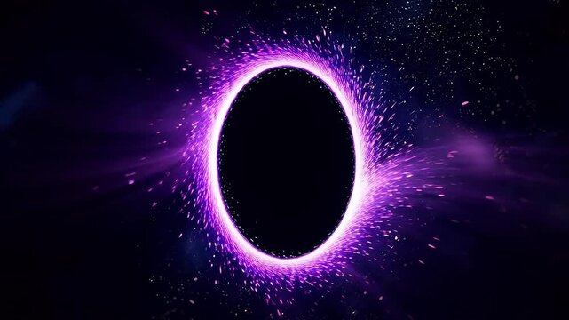Black circular void with colorful light bands and particles