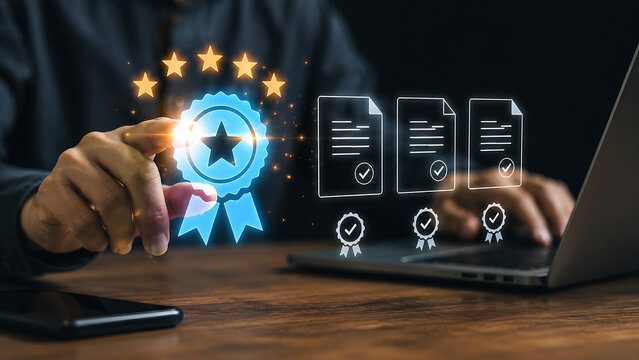 A person's hand touches a quality assurance badge on a screen with document icons nearby.