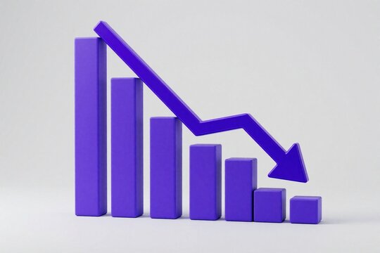 Purple 3D bar graph shows a downward trend with a falling arrow. This data visualization represents business decline or financial loss. It a concept for economic trouble.