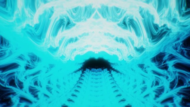 Bright cyan electric plasma currents flow and spread symmetrically in an abstract energy chamber 3D animation