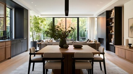 Fototapeta premium Modern minimalist dining and living space with wooden table chairs large indoor plants and sleek built in cabinetry