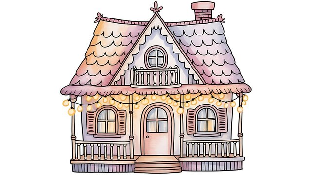Cute watercolor house with porch, balcony, windows, beautiful roof anf flashlights. Isolated illustration for your cartoon design with fairy, princesse or small animals, hand-drawn childish print. 