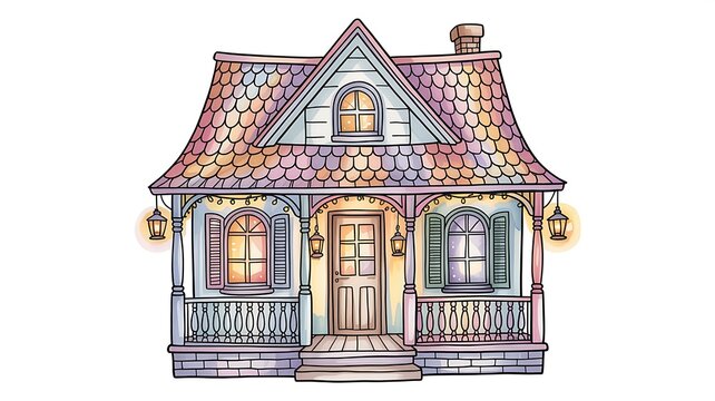 Cute watercolor house with porch, balcony, windows, beautiful roof anf flashlights. Isolated illustration for your cartoon design with fairy, princesse or small animals, hand-drawn childish print. 