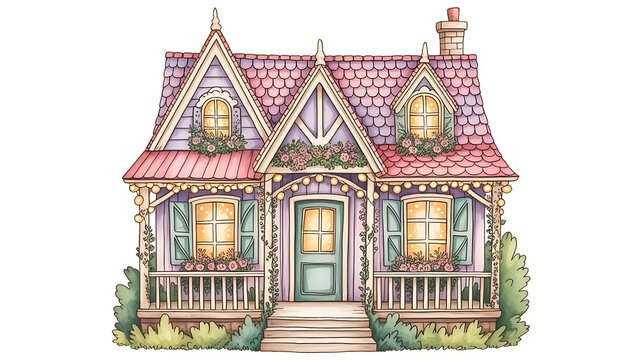 Cute watercolor house with porch, balcony, windows, beautiful roof anf flashlights. Isolated illustration for your cartoon design with fairy, princesse or small animals, hand-drawn childish print. 