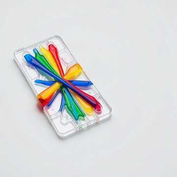 Colorful plastic game pieces in a clear case on a light background
