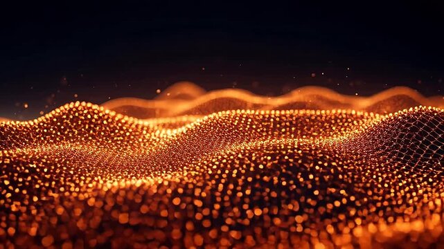 Abstract golden grid wave structure with bright light points on dark background