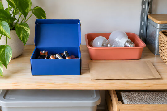 Organized household battery and light bulb recycling station