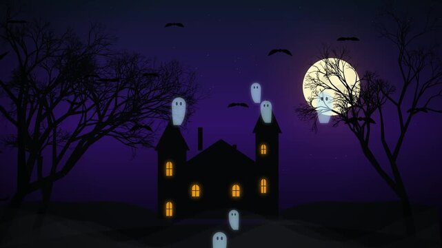 Spooky Halloween Haunted House with Ghosts and Full Moon
