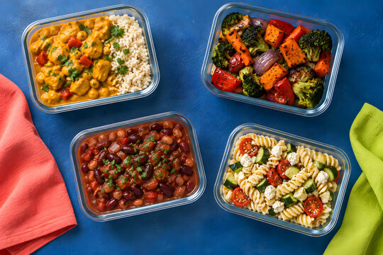 Four colorful homemade meals prepared in glass containers