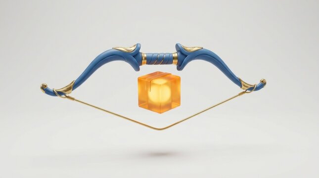 Ancient ceremonial bow with a glowing golden beetle amulet centerpiece