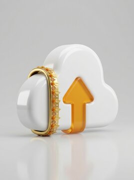 White cloud icon with orange upload arrow and gold data band for secure storage