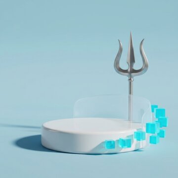3D render of a white podium with a trident and blue digital cubes symbolizing cybersecurity