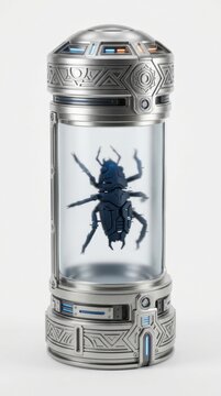 Futuristic capsule containing a cybernetic beetle, representing advanced technology and research