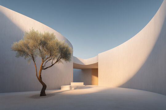 Minimalist white curved wall architecture with olive tree courtyard