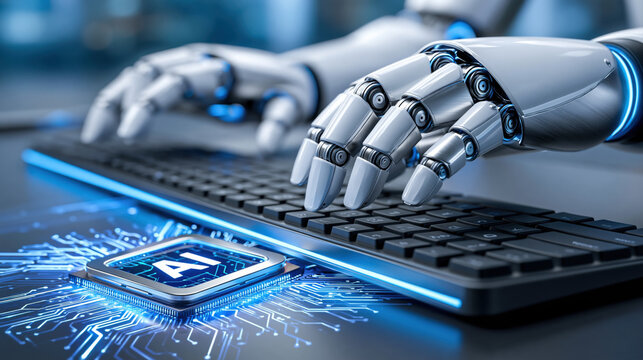 Futuristic robot hand typing on keyboard with glowing AI chip and circuit pattern conveying advanced technology and automation