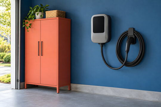 Generic electric vehicle charger mounted in a colorful home garage