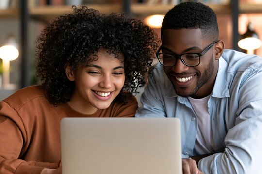 Smiling young couple looking at laptop computer screen together at home or office desk