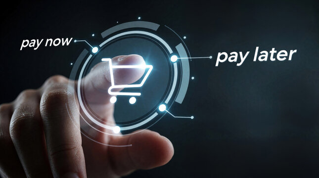 Finger selects payment option on virtual screen. User chooses between pay now or pay later for online shopping. Digital interface shows installment choice.