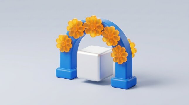 Blue arch with orange flowers framing a white cube, symbolizing festive celebration