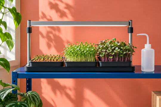 Three stages of microgreens growing under a compact light