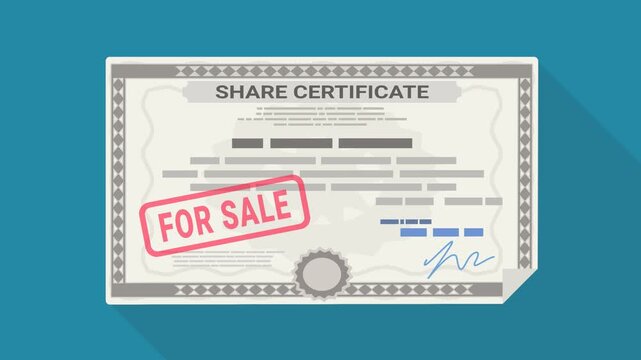 Animated stock share certificate dropping and stamped for sale, representing equity liquidation, asset divestment, and market trading.