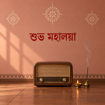 Mahalaya morning concept with vintage radio incense and glowing diya in warm traditional interior celebrating durga puja bengali devotional festival heritage culture